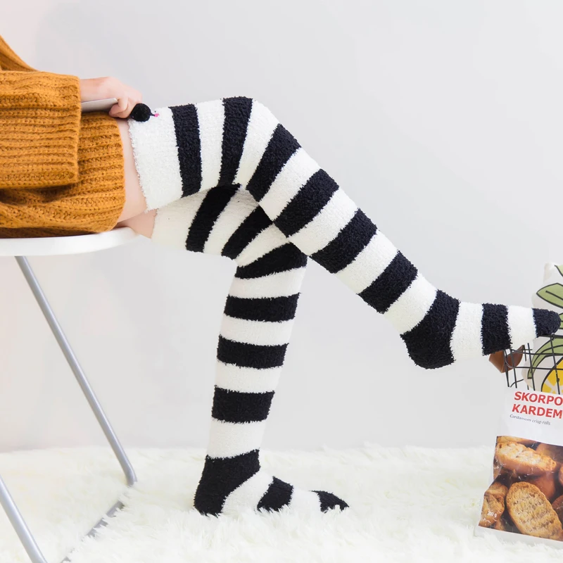 

1pair Girl Animal Printed Knee Socks Fuzzy Fluffy Thigh High Stockings Colorful Wide Striped Stockings Over Knee High Medias