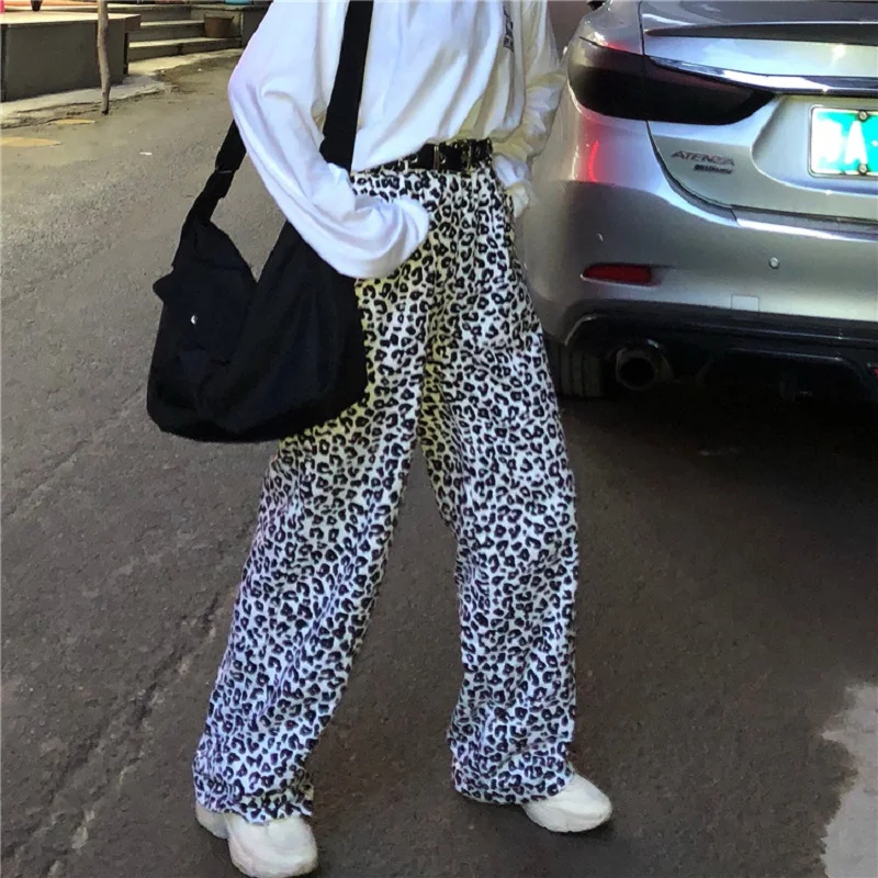 Винтажные леопардовые штаны, новая мода, большие размеры, Свободные повседневные женские широкие штаны, Harajuku, хип-хоп, забавные хлопковые прямые штаны