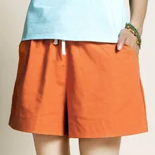 Хлопковые льняные женские шорты с эластичной талией, яркие цвета, Свободные повседневные шорты, большие размеры, Женские винтажные шорты с широкими штанинами