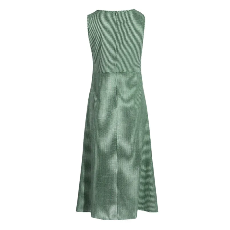  New Women Summer Fashion Casual Striped Print Sexy Sleeveless Dress Crew Neck Linen Long Elegant Lady Casual Daily dress #4R08 (19)