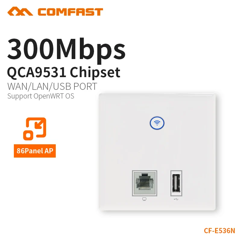 

COMFAST Wall Embedded ap 300mbps access point wifi 48V poe power supply hotel use AP RJ45 usb charger port dual 3dBi CF-E536N
