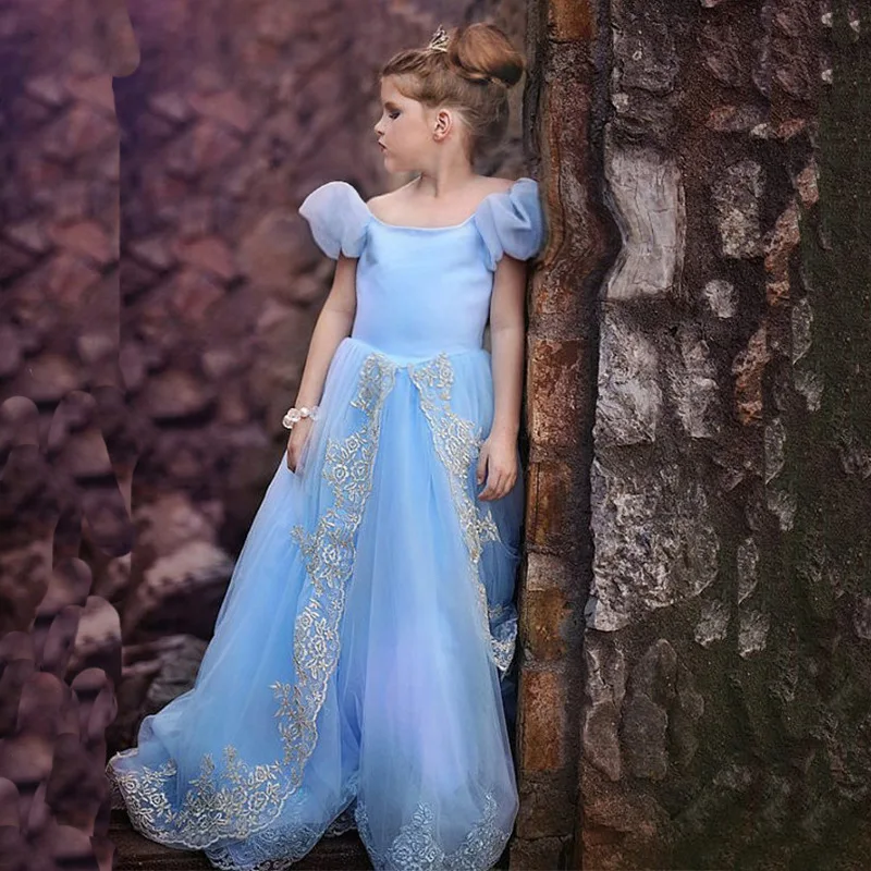 Длинное платье Золушки; костюм для девочек; вечерние Макси-платья с кружевом; Cenicienta vestidos infantis festa fantasia de princesa Cinderela