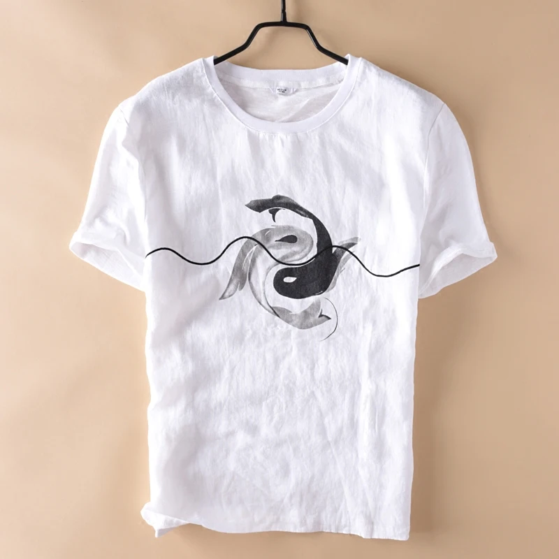 2017 New Linen Embroidered Round Neck T shirt Men Print double fish Men
