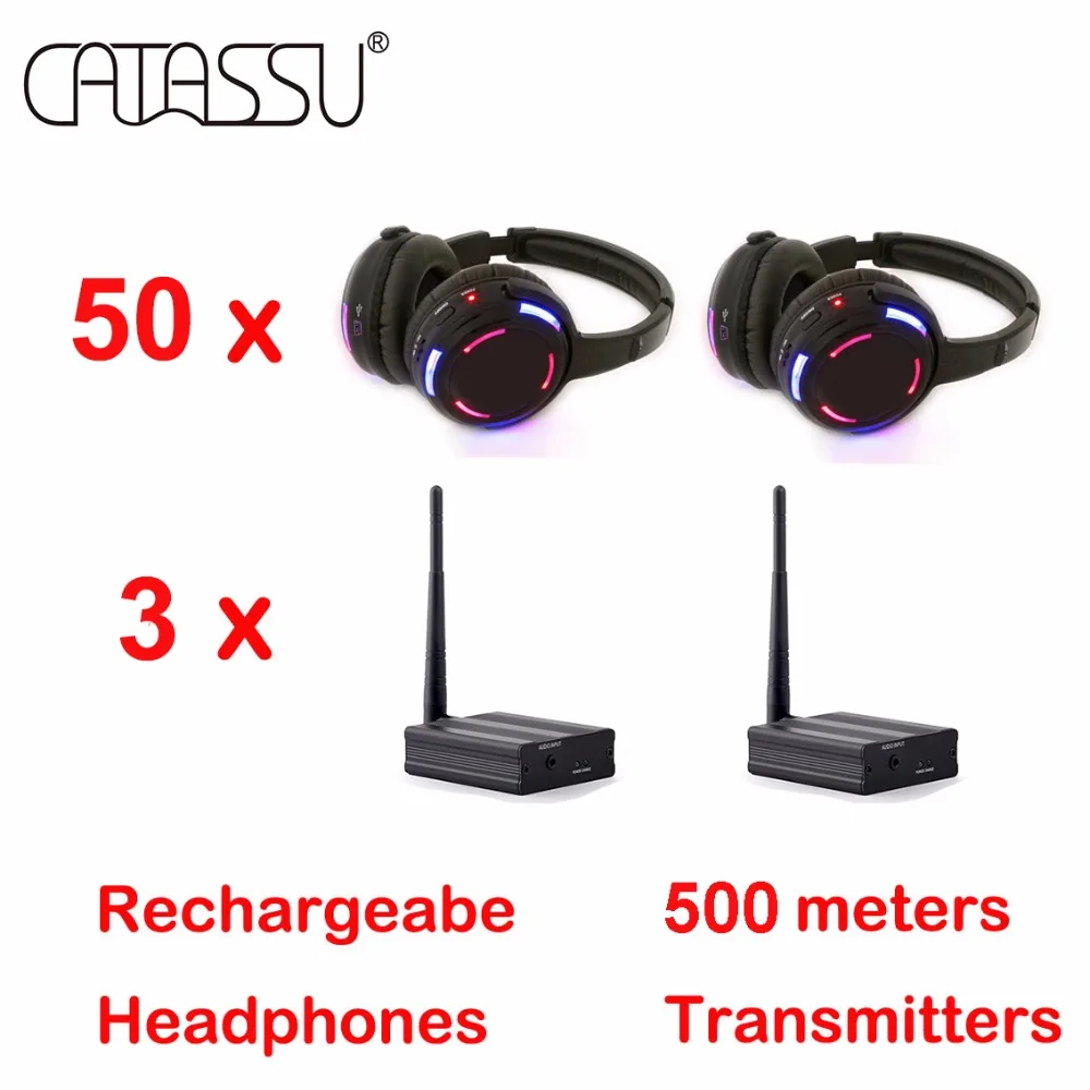 

500m Distance LED Flashing Light Silent Disco Headphone 50 Pcs Plus 3 Transmitters Bundle