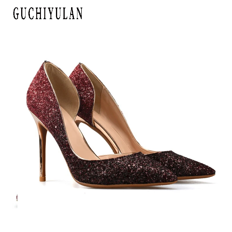 

2019 New Spring Women 10CM Pumps High Thin Heels Pointed Toe Decoration Sexy Bling Bridal Wedding Women Shoes Gold High Heels