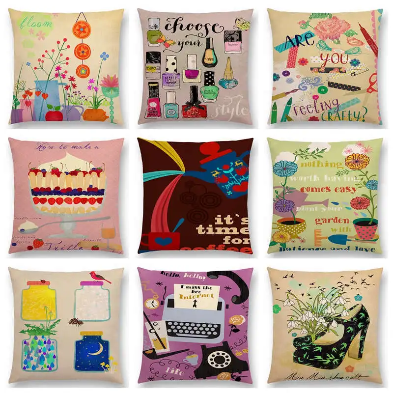Hot Sale Colorful Life Trifle Flowers Bonsai Gardening Kitchen Cooking Cake Coffee Typewriter Kettle Cushion Sofa Throw Pillow | Дом и сад