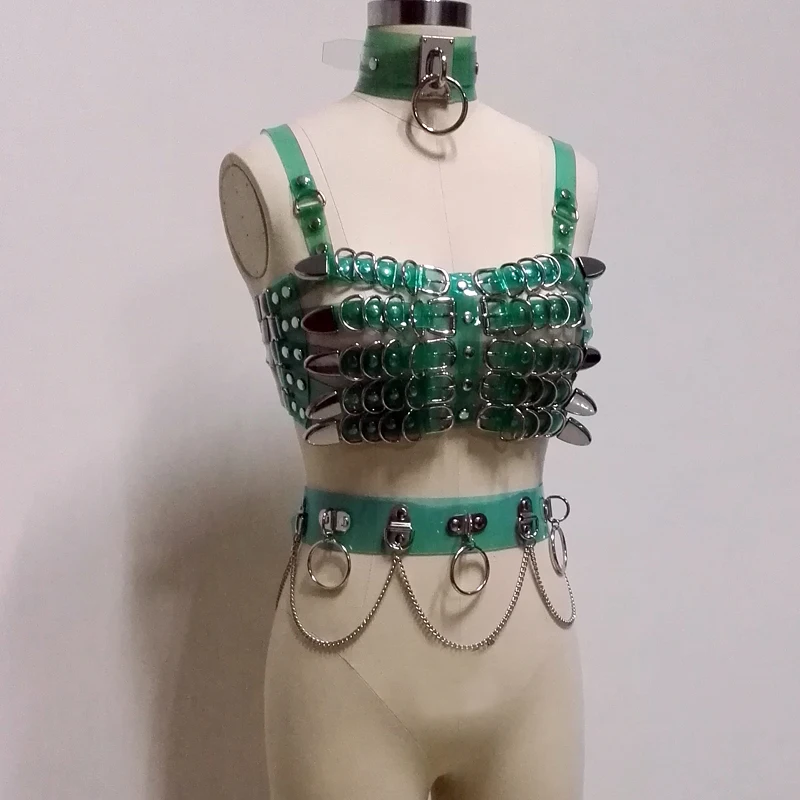 100% Handmade Sexy 5 Row Caged Bra Top Heavy Duty Metal Chest Bra Oversized Choker Waist Belt with Chain Link