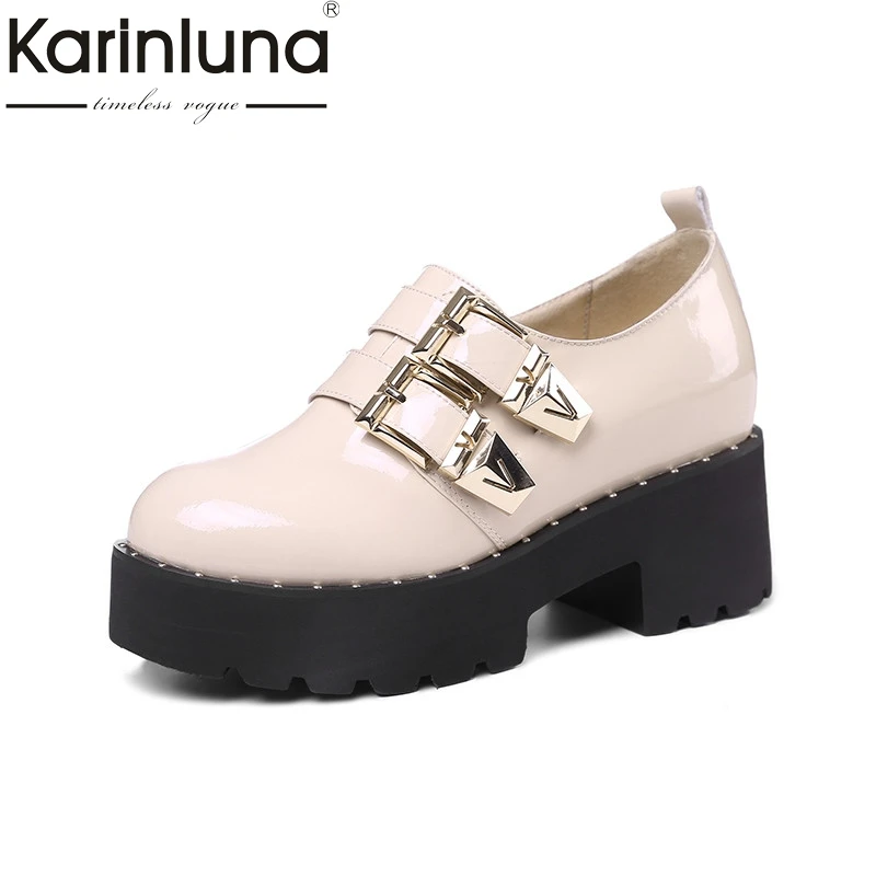 

Karinluna 2018 Spring Autumn Brand Patent Flat Platform Shoes Woman slip-on Buckle Height Increasing Women Date Casual Shoes