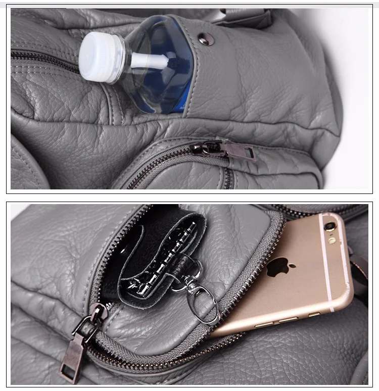 Mochila de Couro Feminina à Prova Lavado Macio D'água Vintage Multifuncional 16 Bolsas e Malas