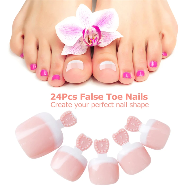 24Pcs Foot False Toenail Tips Set French Full Cover Fake Toe Nail Tips