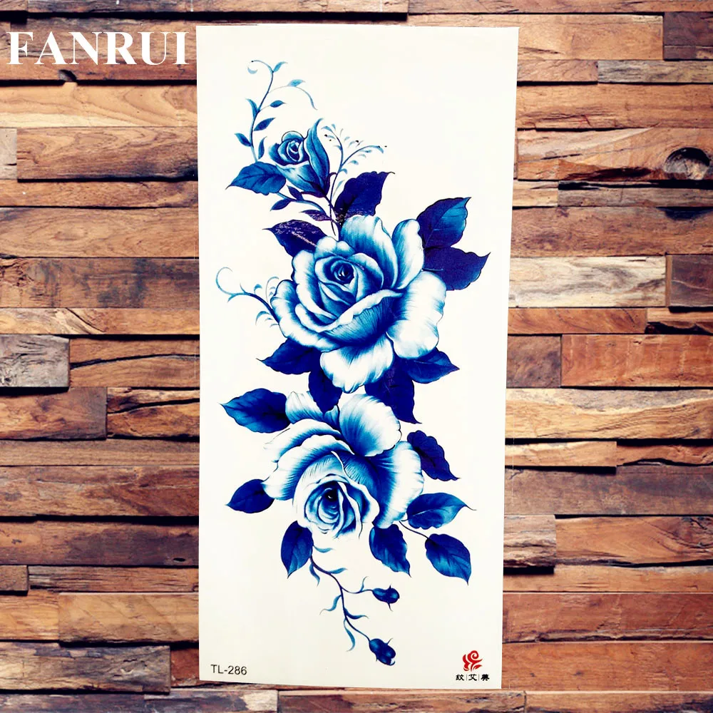 Fake Large Waterproof Blue Flower Rose Peony Temporary Tattoos For Women