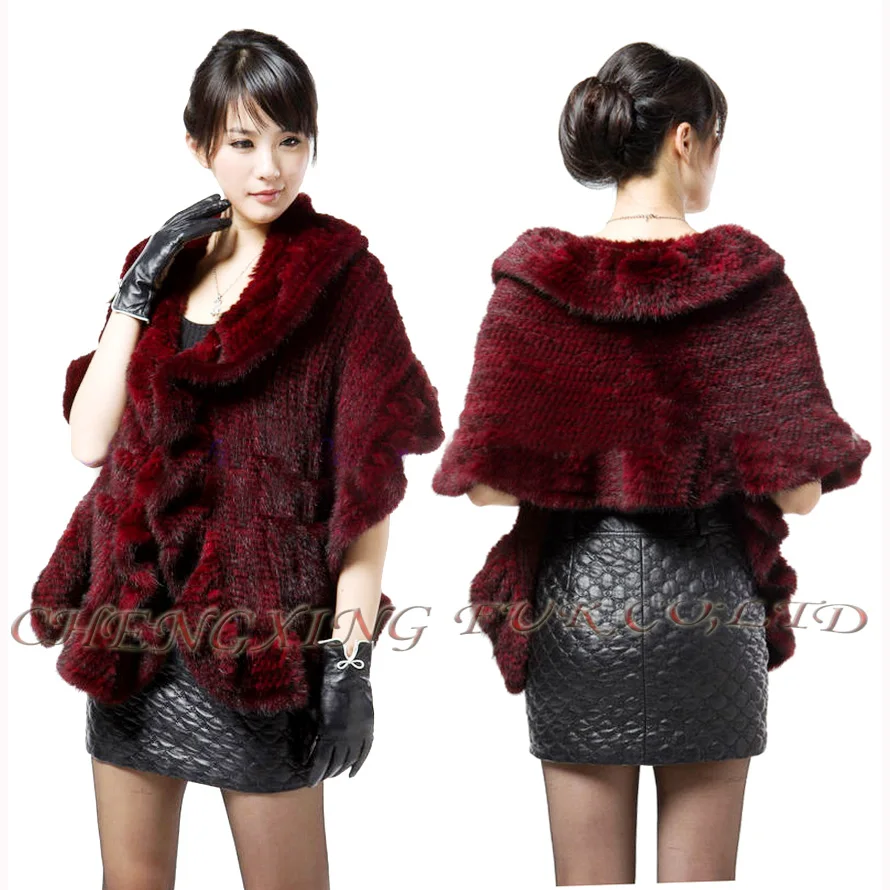 

CX-B-M-15C Latest Ladies Ruffled Hand Knitted Genuine Mink Fur Shawl With Pockets Mink Fur Coat ~ NEW ARRIVE
