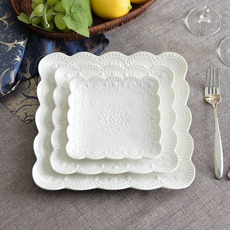 European embossed home China ceramic square plate breakfast dessert plate butterfly dish afternoon tea fruit wedding