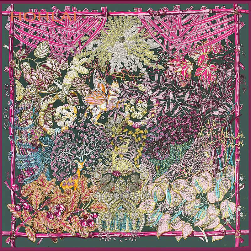 130 см цветочный принт с животными и садами, саржевый шелковый шарф, женские квадратные шарфы, роскошный брендовый шарф, платок для дам, модная шаль