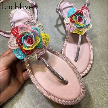 

Sweet Crystal Flower Pink Sandals Women Sexy Split Toe Summer Flats Ankle Buckle Strap Girls Dress Shoes Zapatos Mujer 2019