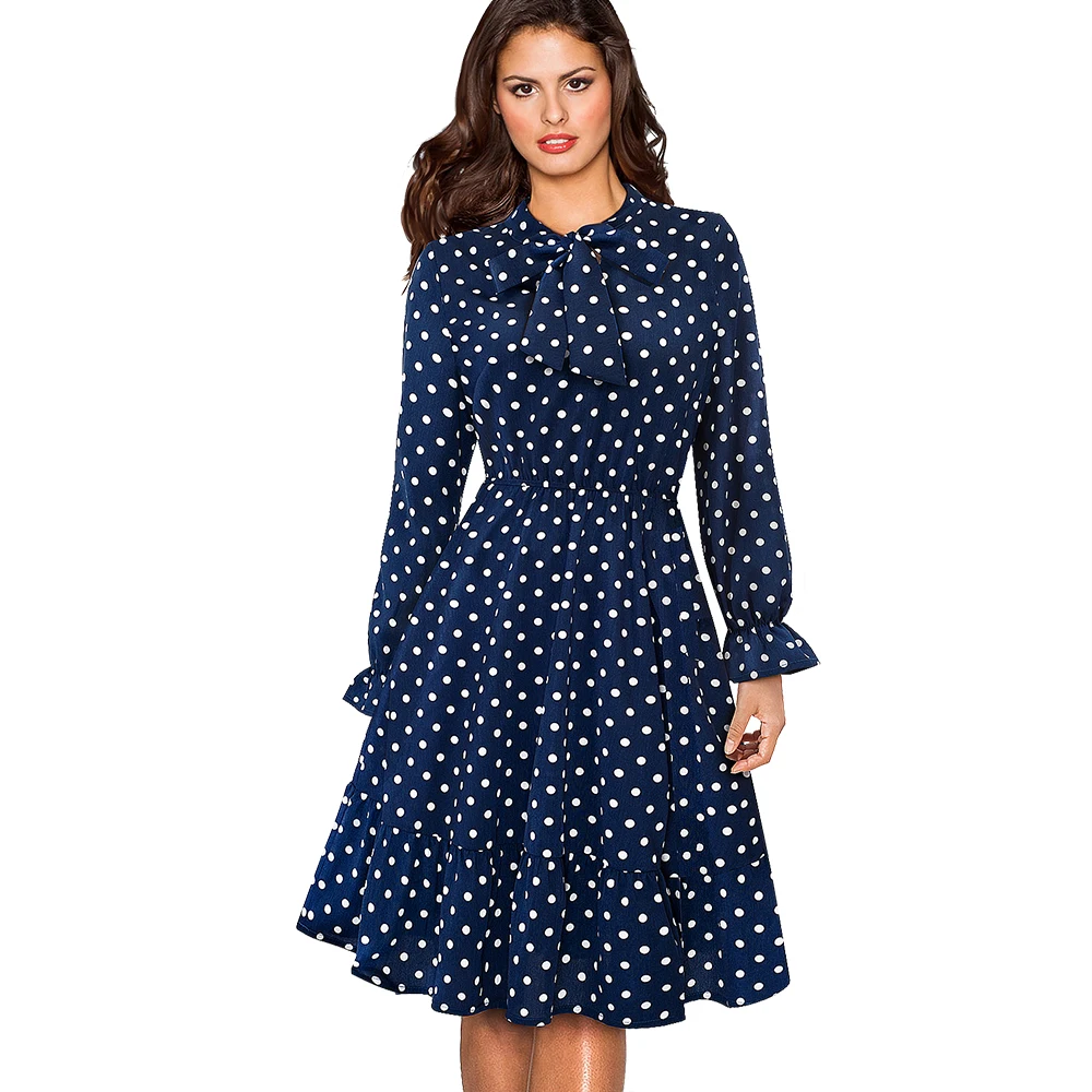 Spring Autumn Long Sleeve Swing Skater Women Dress Vintage Polka Dot Prom Office Party Dress EA130