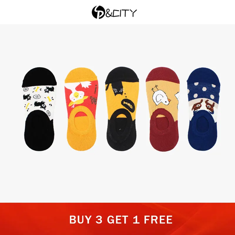 

SP&CITY 5 Pairs Set Summer Women Kawaii Invisible Socks Cartoon Colored Animals Patterned Boat Socks Breathable Comfort Sox
