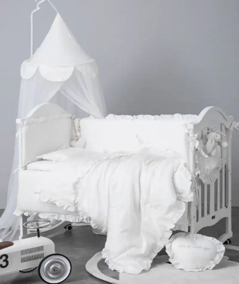 6pcs Baby Bedding Set Bumper Cotton Solid Color Lace Crib Baby Bed