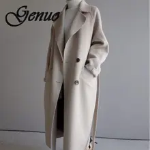 Зимнее женское пальто с широким нагрудным поясом и карманами, шерстяное пальто большого размера, длинное пальто, верхняя одежда, шерстяное пальто для женщин