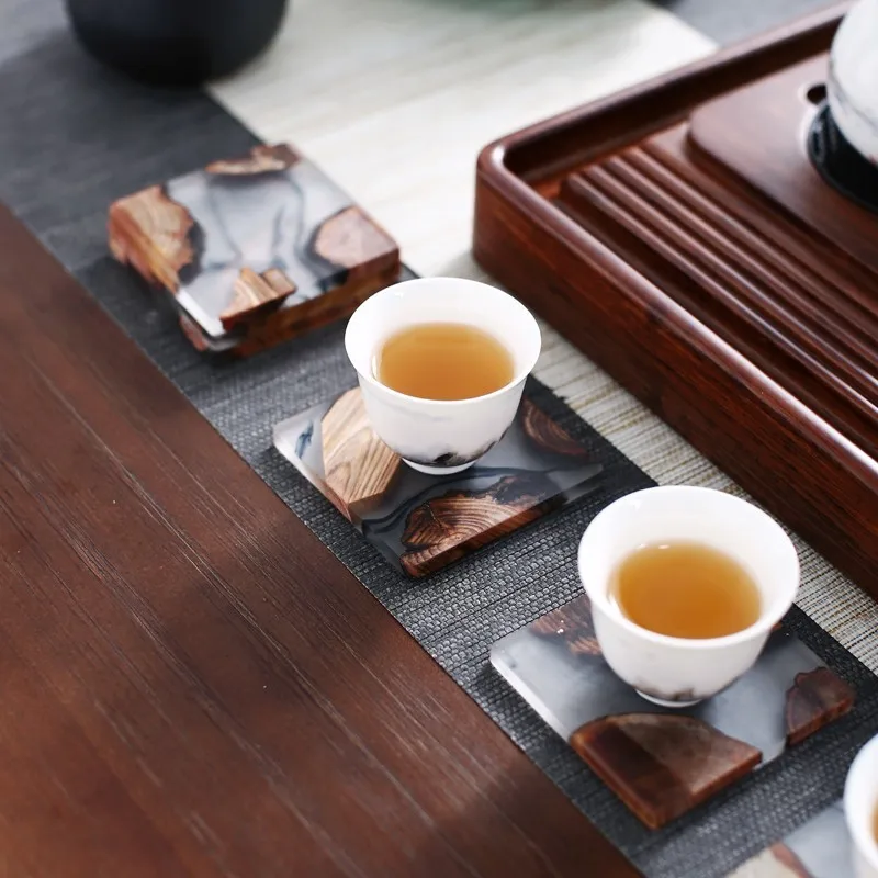 

Creative Square Resin Pine Tea Cup Coaster Set Mats On The Table Individuality For Hot Drink Coffee Pad Heat Insulation Placemat