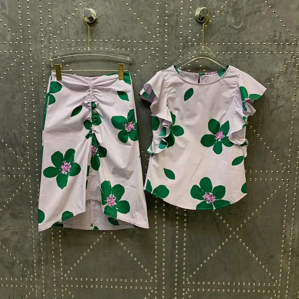 

2019 Women's Fashion Ruffle Print Set Round Neck Irregular Top + High Waist Pleated Skirt 2 Piece Set 0617