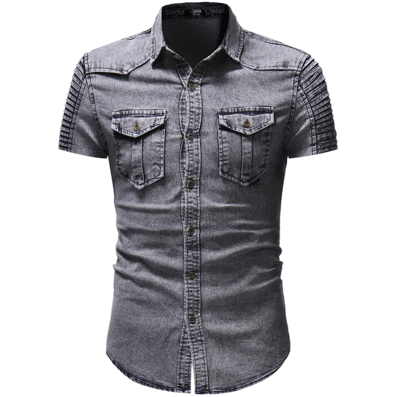 Джинсовая рубашка Мужская модная рубашка с коротким рукавом Повседневная приталенная джинсовая рубашка уличная Высококачественная Однотонная рубашка с коротким рукавом