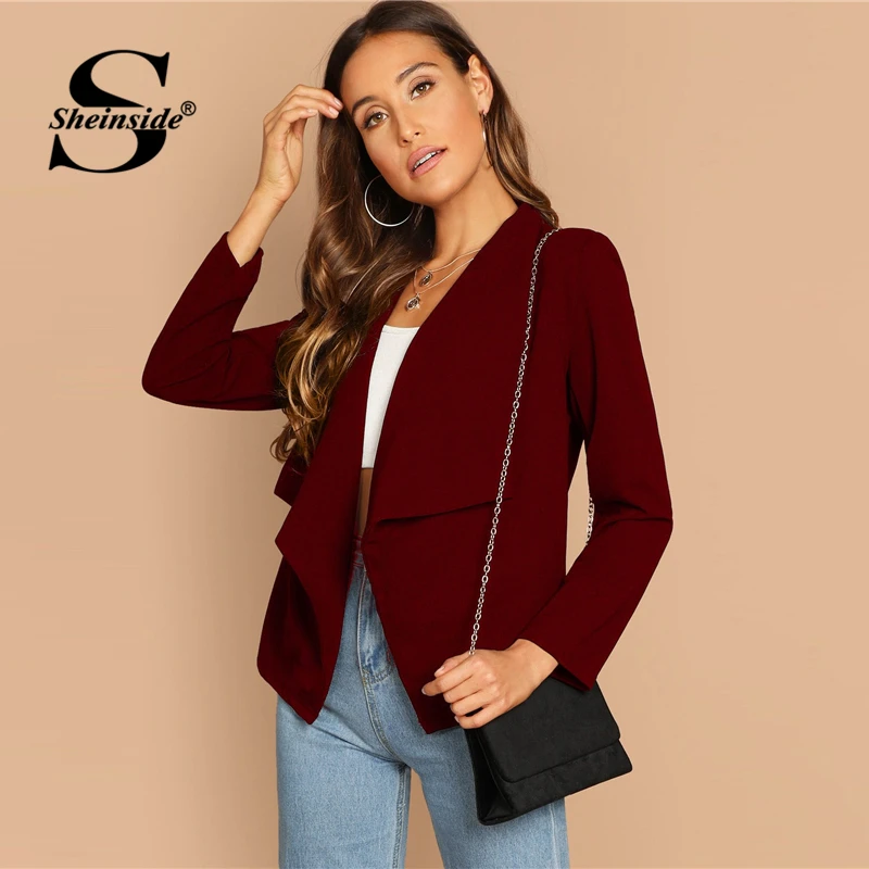 Sheinside Burgundy Casual Waterfall Collar Solid Coat Women 2019 Spring