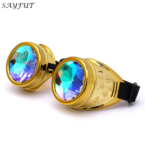 Hotselling Kaleidoscope Rainbow Crystal Lenses Steampunk Goggles EDM Glasses Gothic Cosplay Goggles Eyewear Vintage Halloween - Цвет линз: Gold