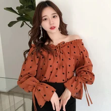 Mazefeng Summer Autumn Female Sunscreen Shirt Women Lantern Sleeve Shirt Ladies Bow Shirt Slash Neck Shirts Female Polka Dot