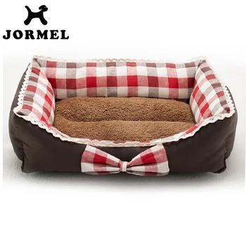

JORMEL New High Quality House Soft Warm Bow Lace Square Red Blue Grid Cat Dog Bed Cute Kennel Nest Dog Fleece Camas Para Perros