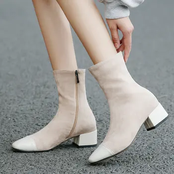 

Winter Warm Ankle Boots Women Flock Leather Square Loe Heels Booties Fashion Square Toe Zipper Boots Shoes Ladies 2019 Black Beige