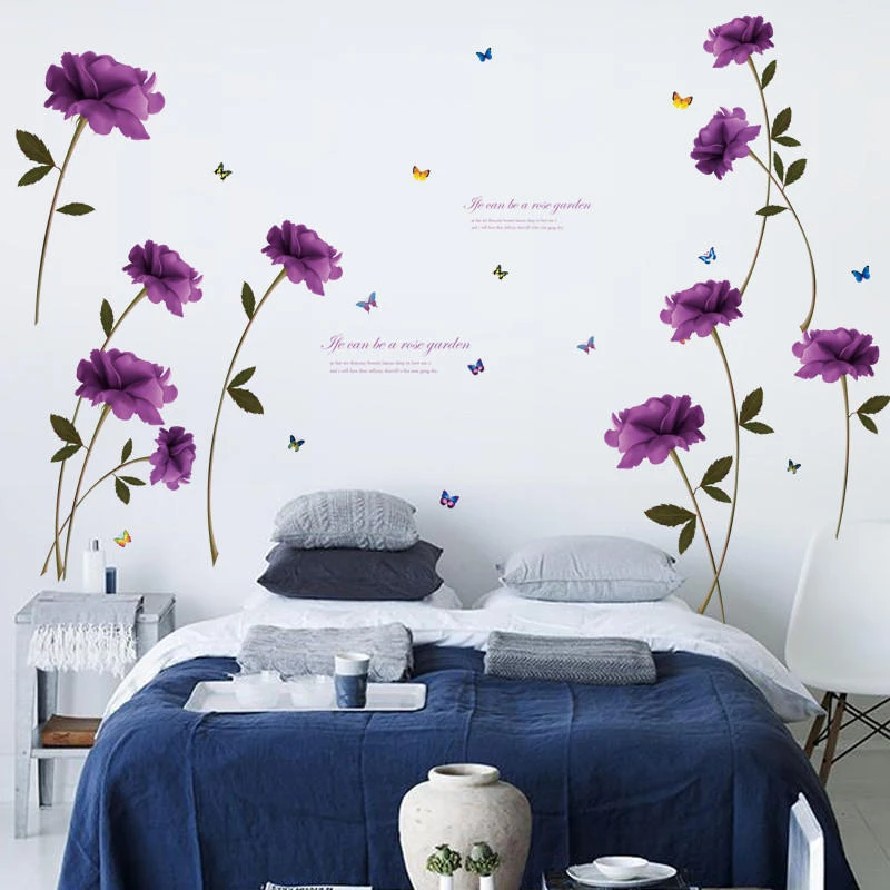Home Decoration Beautiful Purple Rose Flower Wall Sticker Couple