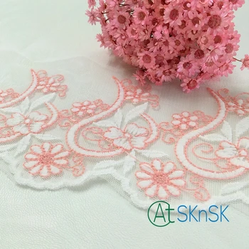 

50 yards/ lot Lovely mesh lace 11cm Width pink flower french fabric lace dress accessory embroidered lace ribbon