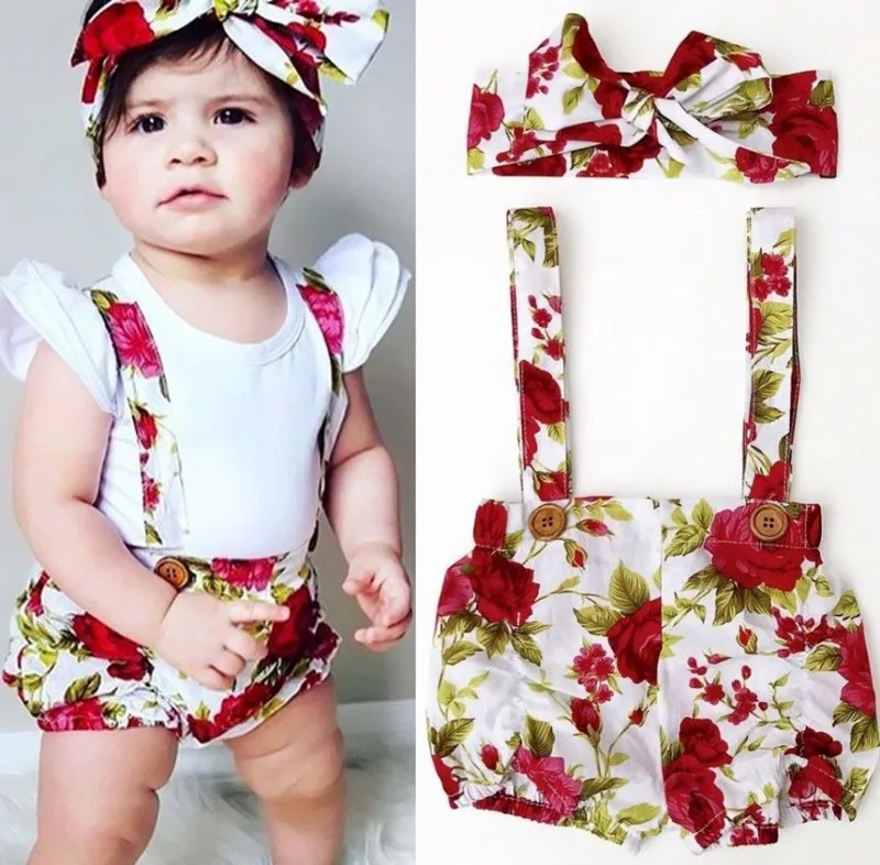 Cute 2017 Baby Kids Girls Floral Suspenders Shorts Pants Headband Summer Outfits Set Clothes