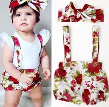 Cute 2017 Baby Kids Girls Floral Suspenders Shorts Pants Headband Summer Outfits Set Clothes