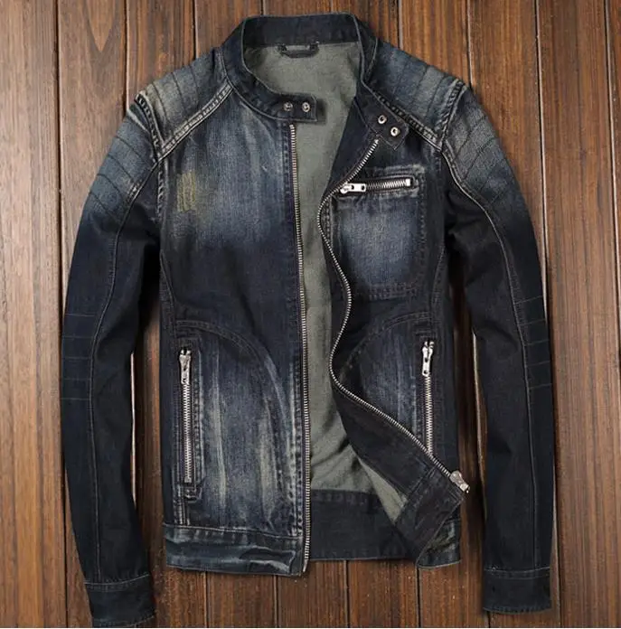 Blue Denim Jean Classic Biker Motorcycle Jacket Stand Collar Retro Slim