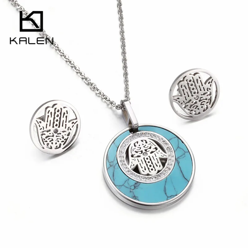 

Kalen Fashion Women Jewelry Set Silver Color Hamsa Hand Pendant Necklace Earrings Sets Stainless Steel Fatima Hand Lucky Set
