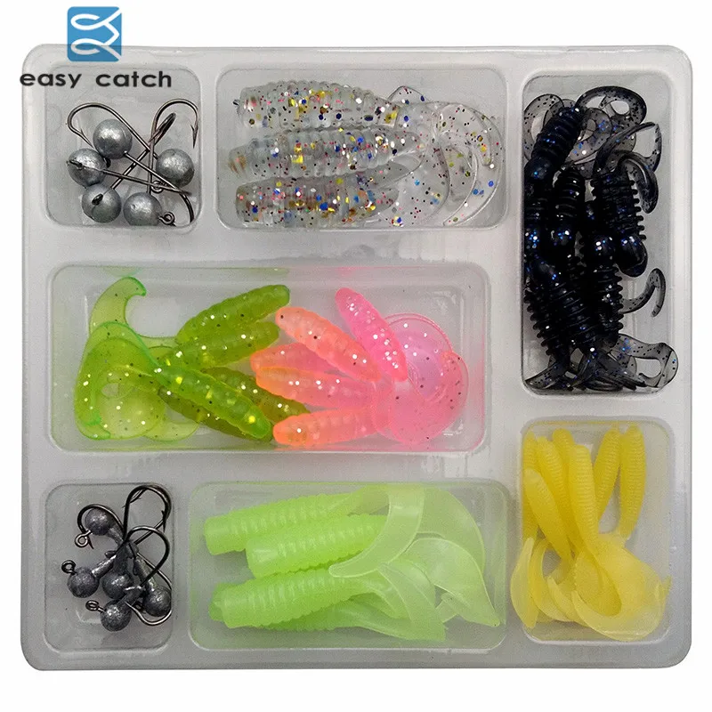Easy Catch 48Pcs Soft Worm Lures Jig Head Hooks Set Mixed Color
