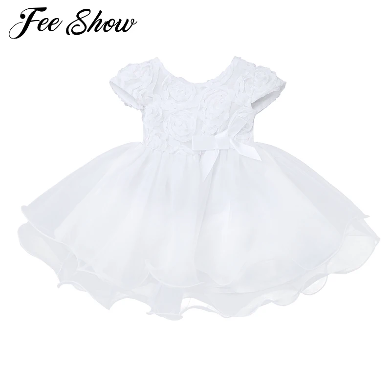 

New Baby Girl Dresses White Infant Baby Girls' 3D Rose Flower Organza Party Wedding Christening Baptism Dress