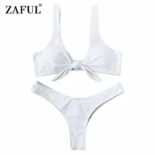Zaful Swimsuit New Arrival Women Knotted Padded Thong Bikini Mid Waisted Solid Color Scoop Neck Brazilian Biquni Beach Swimwear