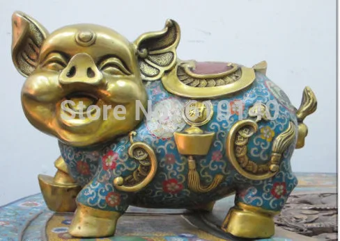 

14"Chinese collection Bronze gold Cloisonne Luck Ru Yi Wealth money pig Statue