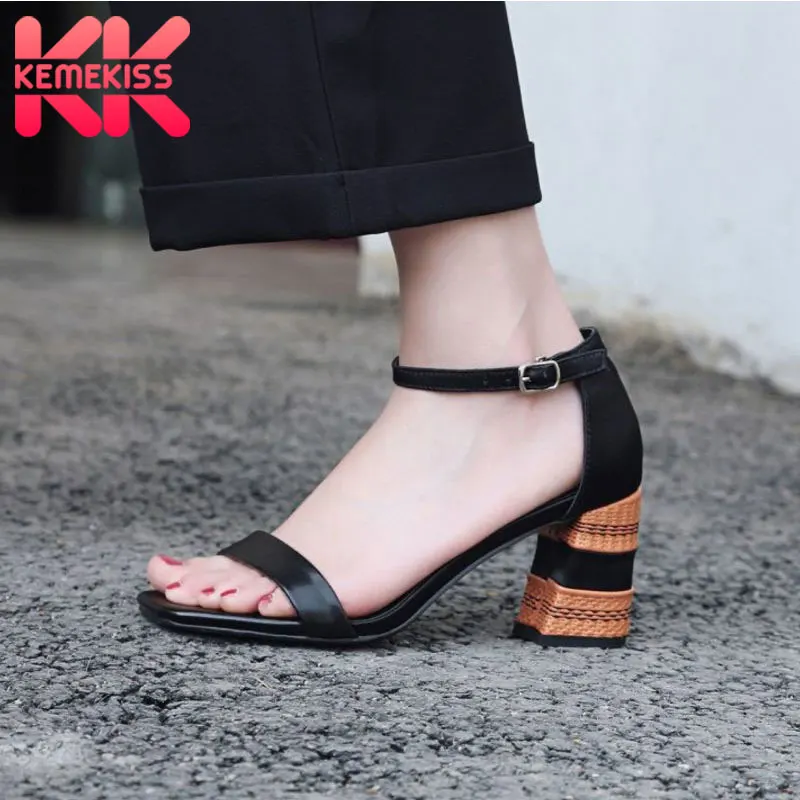 

KemeKiss Women Genuine Leather Sandals Summer Fashion Open Toe Thick Heel Shoes Women Party Daily Buckle Footwear Size 34-42