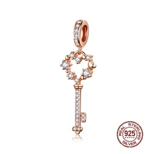 MOWIMO 925 пробы Серебряный талисманы Lucky Key розовое золото CZ бусины подходят к оригинальному браслету Pandora кулон бусины аксессуары BKC1122