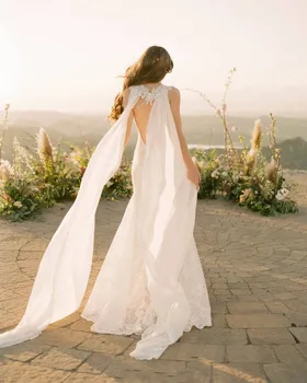 

White Ivory Backless Lace Beach V Neck Appliques Chiffon Mermaid New Muslim Arabic Wedding Dress Boho Sofuge Vestido De Noiva