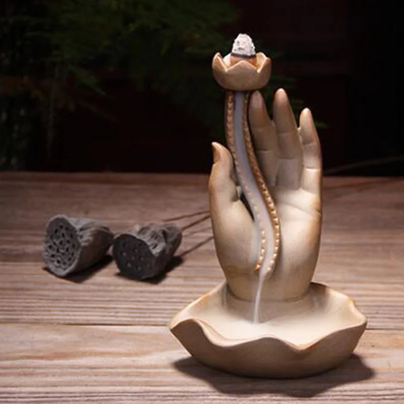 Горячая курильница для благовоний горелка домашний декор грубая керамика Будда благовония держатель Дым водопад буддийская кадильница+ 10 шт