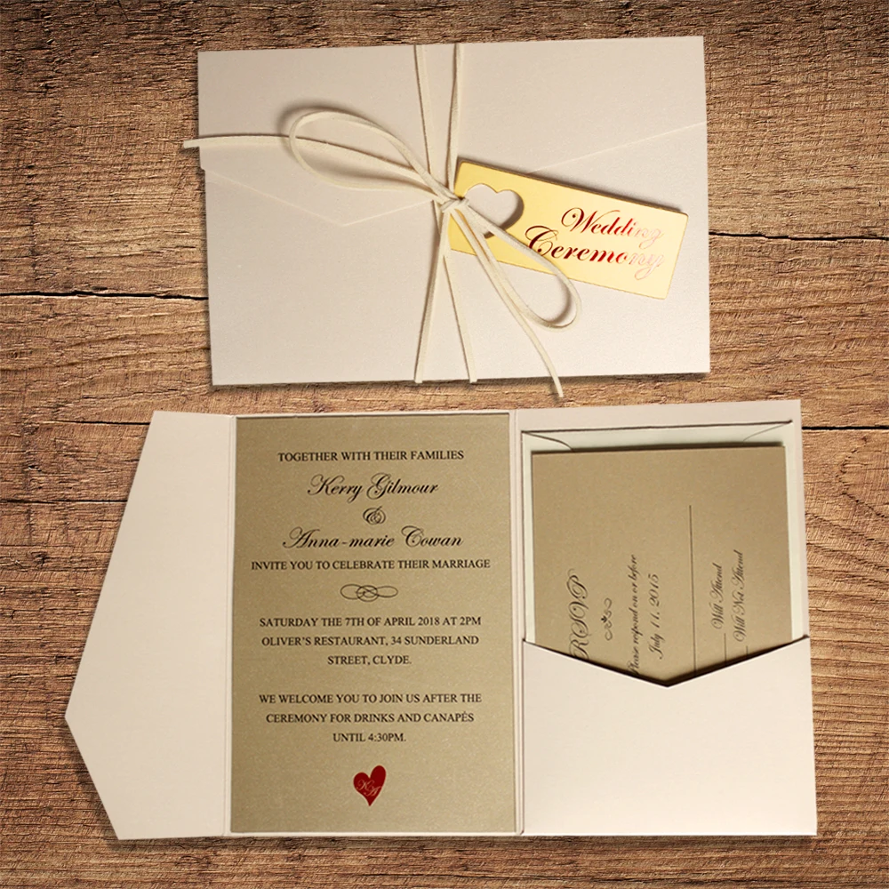  Pearl White Pocket Wedding Invitations with Golden Invite Cards RSVP and Return Envelopes Included  - 32857462375