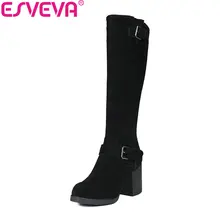 ESVEVA/ г. Женские ботинки женская обувь из коровьей кожи на высоком квадратном каблуке с пряжкой зимние короткие плюшевые сапоги до колена размер 34-39