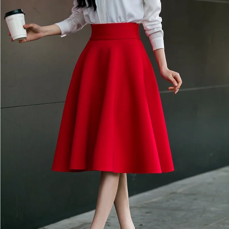 Plus Size S 2XL Black Red Pink Knee Length Flared Skirts Women's High