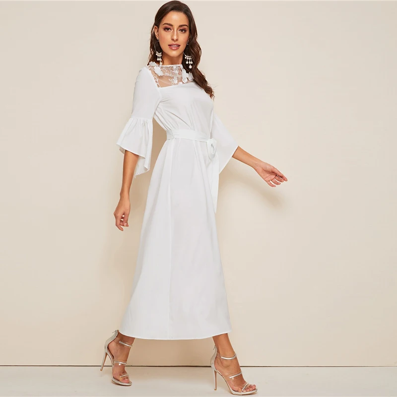 Шеин 3D аппликация сетка хомут преувеличены манжеты хиджаб платье элегантный для женщин белый сплошной поясом с оборками на талии рукав платья