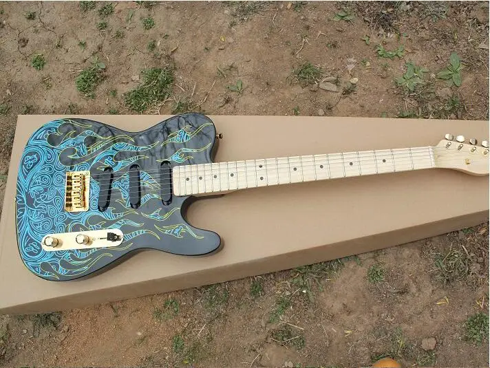 

Personality print Electric Guitar with Blue Flame Pattern,3S Pickups,Maple Fingerboard,Golden Hardwares,offer customized